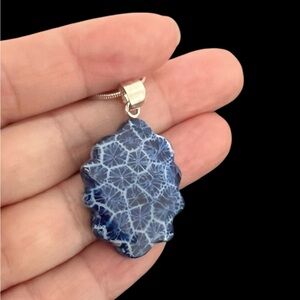 Blue Floral Pendant Necklace in silver plated